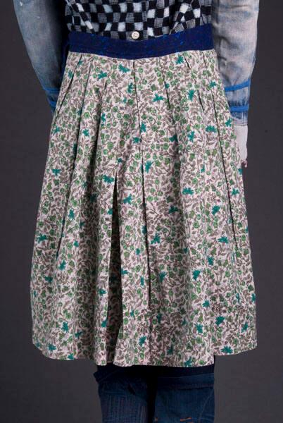 [Green calico print dirndl skirt with blue waistband, Ewa, Hawaii]