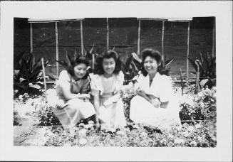 [Three young women crouching in flowerbeds, Rohwer, Arkansas]