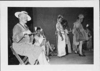 [Scene from play, The womanless wedding, with administrative personnel performers in drag at Rohwer Relocation Center, Rohwer, Arkansas, August 1944]