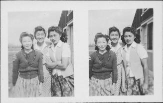 [Three young women outside barracks, three-quarter portraits, Rohwer, Arkansas, July 27, 1945]