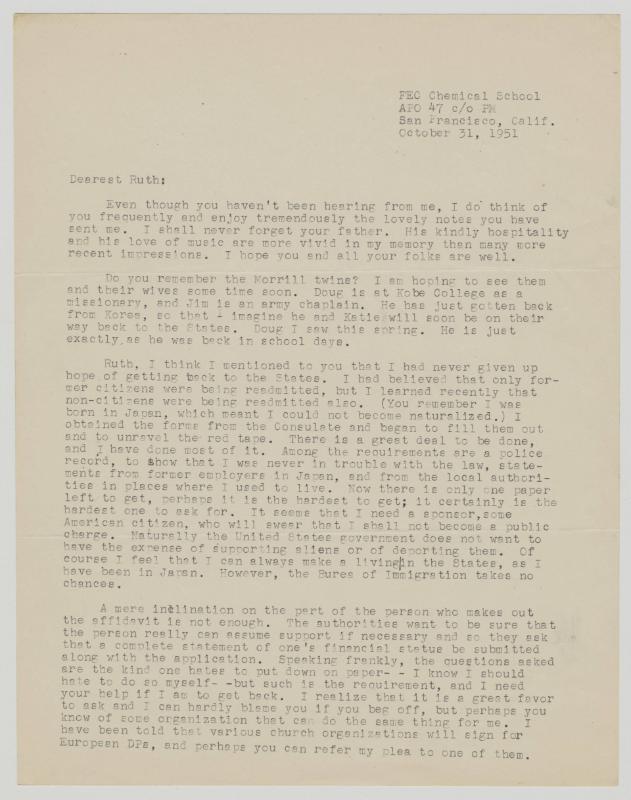 [ Letter to Ruth Leppman from Kiyoko Oda | October 31, 1951 ]