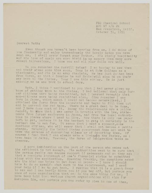 [ Letter to Ruth Leppman from Kiyoko Oda | October 31, 1951 ]