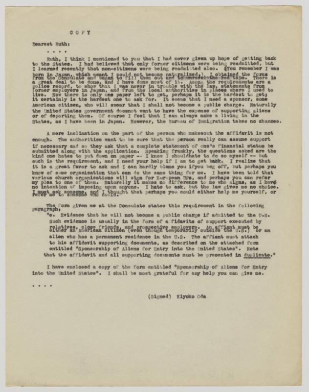 [ Copy of Letter to Ruth Leppman from Kiyoko Oda | October 31, 1951 ]