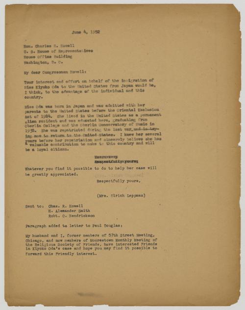 [ Letter to Representative Charles R. Howell from Mrs. Ruth Ulrich Leppman | June 4, 1952 ]