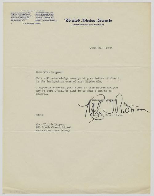 [ Letter to Ruth Leppman from Robert Hendrikson | June 10, 1952 ]