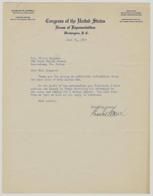 [ Letter to Ruth Leppman from Charles Howell | June 24, 1952 ]