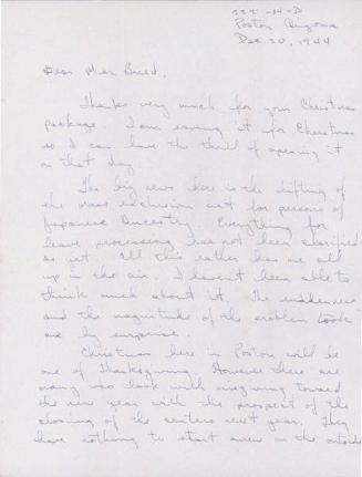 [Letter to Clara Breed from Tetsuzo (Ted) Hirasaki, Poston, Arizona, December 20, 1944]