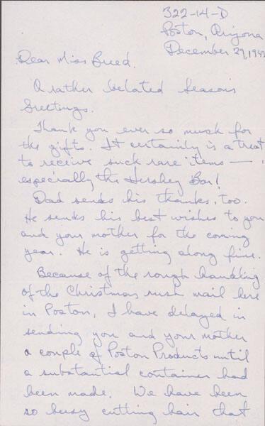 [Letter to Clara Breed from Tetsuzo (Ted) Hirasaki, Poston, Arizona, December 29, 1943]