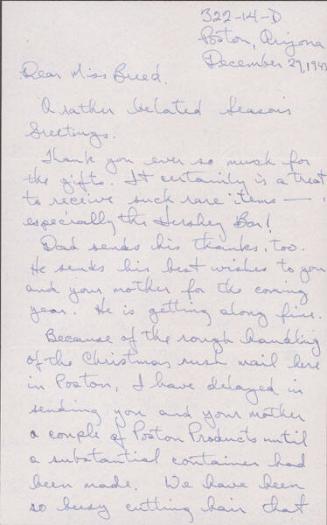 [Letter to Clara Breed from Tetsuzo (Ted) Hirasaki, Poston, Arizona, December 29, 1943]