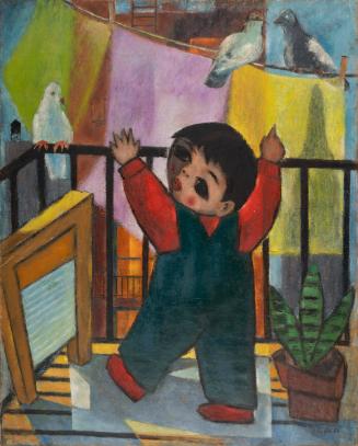 "Boy playing on fireescape"