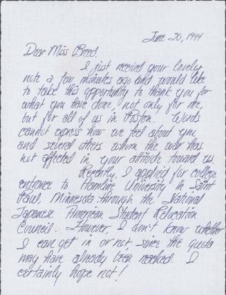 [Letter to Clara Breed from Aiko Kubo, Poston, Arizona, June 20, 1944]