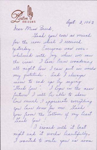 [Letter to Clara Breed from Louis Ogawa, Poston, Arizona, September 3, 1943]