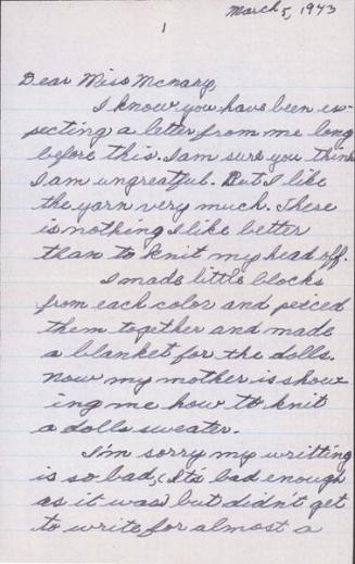 [Letter to Helen McNary from Katherine Tasaki, Poston, Arizona, March 5, 1943]