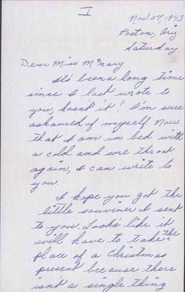 [Letter to Helen McNary from Katherine Tasaki, Poston, Arizona, November 27, 1943]