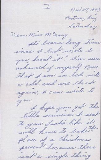 [Letter to Helen McNary from Katherine Tasaki, Poston, Arizona, November 27, 1943]