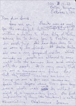[Letter to Clara Breed from Tetsuzo (Ted) Hirasaki, Poston, Arizona, October 3, 1942]