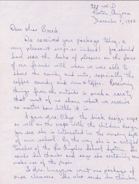 [Letter to Clara Breed from Tetsuzo (Ted) Hirasaki, Poston, Arizona, December 1, 1942]
