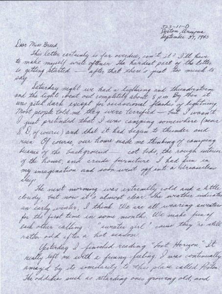 [Letter to Clara Breed from Fusa Tsumagari, Poston, Arizona, September 27, 1943]
