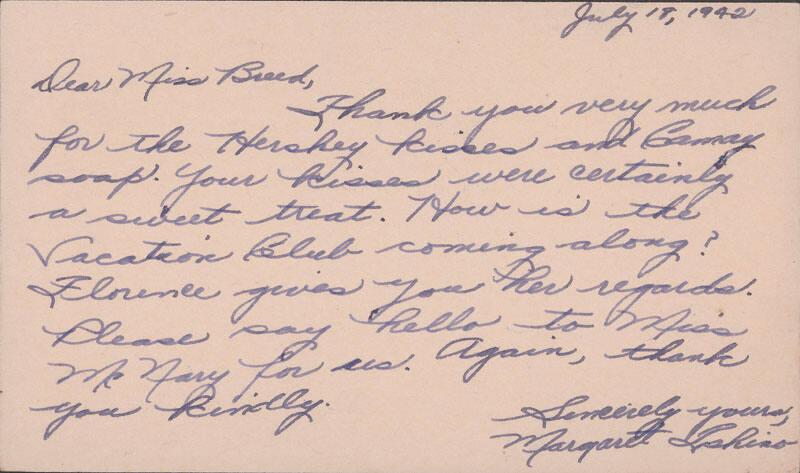 [Postcard to Clara Breed from Margaret Ishino, Arcadia, California, July 18, 1942]