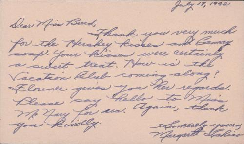 [Postcard to Clara Breed from Margaret Ishino, Arcadia, California, July 18, 1942]