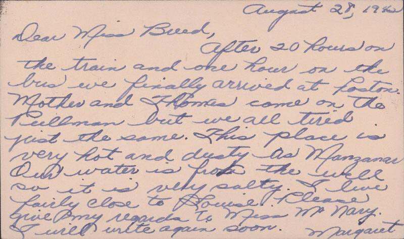[Postcard to Clara Breed from Margaret Ishino, Poston, Arizona, July 18, 1942]