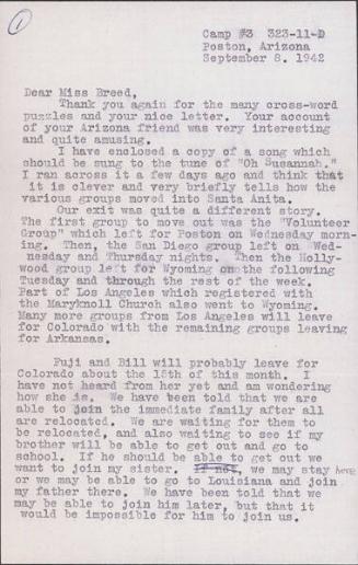 [Letter to Clara Breed from Fusa Tsumagari, Poston, Arizona, September 8, 1942]