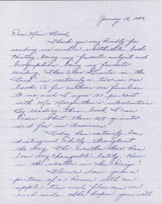 [Letter to Clara Breed from Margaret Ishino, Poston, Arizona, January 18, 1943]