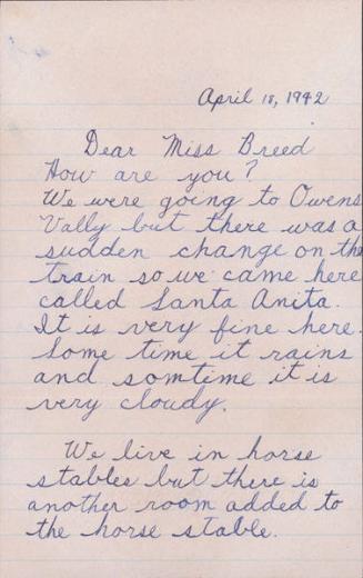 [Letter to Clara Breed from David Kikuchi, Arcadia, California, April 18, 1942]