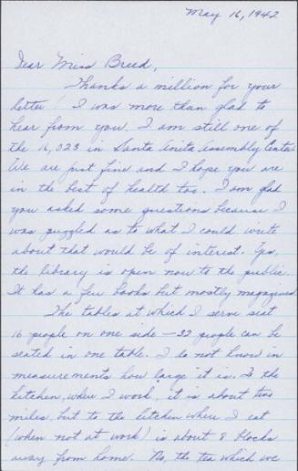 [Letter to Clara Breed from Louise Ogawa, Arcadia, California, May 16, 1942]