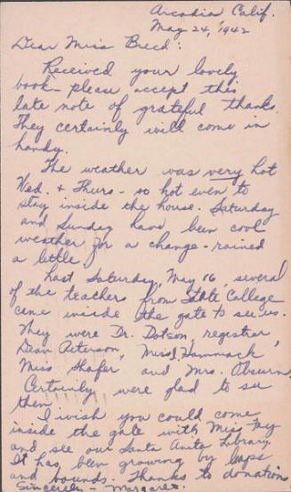 [Postcard to Clara Breed from Margaret Arakawa, Arcadia, California, May 24, 1942]