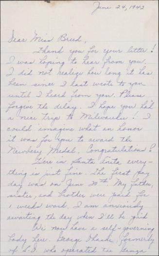 [Letter to Clara Breed from Louise Ogawa, Arcadia, California, June 24, 1942]