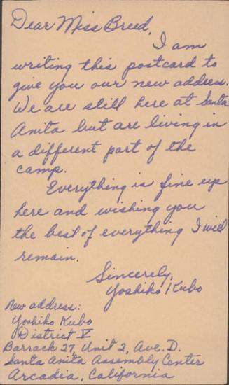 [Postcard to Clara Breed from Yoshiko Kubo, Arcadia, California, May 8, 1942]