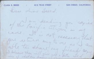 [Postcard to Clara Breed from Tetsuzo (Ted) Hirasaki, Arcadia, California, July 22, 1942]