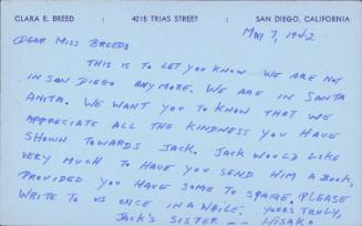 [Postcard to Clara Breed from Hisako Watanabe, Arcadia, California, May 7, 1942]