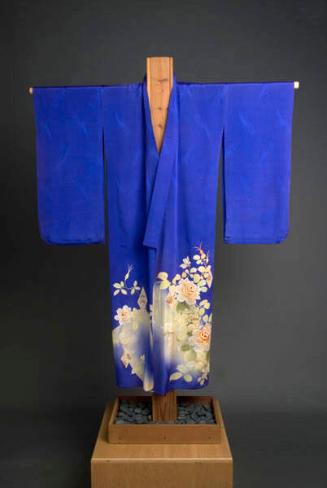 [Blue homongi (visiting kimono) with rose design over tone on tone arrow pattern, Ewa, Hawaii]