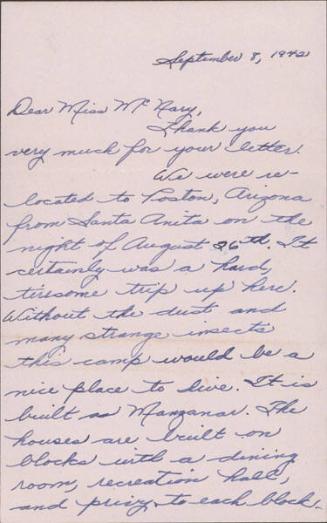 [Letter to Helen McNary from Margaret and Florence Ishino, Poston, Arizona, September 8, 1942]