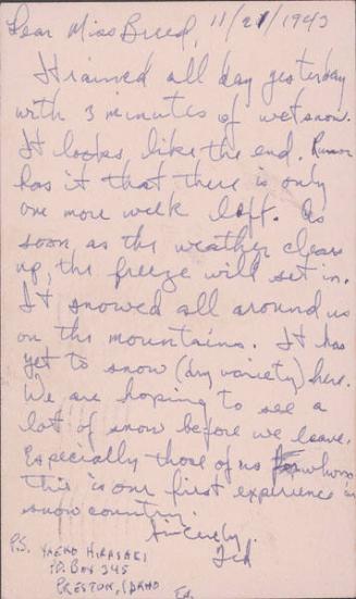 [Postcard to Clara Breed to Tetsuzo (Ted) Hirasaki, Newell, California, November 21, 1943]