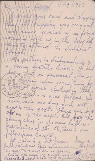 [Postcard to Clara Breed from Tetsuzo (Ted) Hirasaki, Newell, California, November 19, 1943]