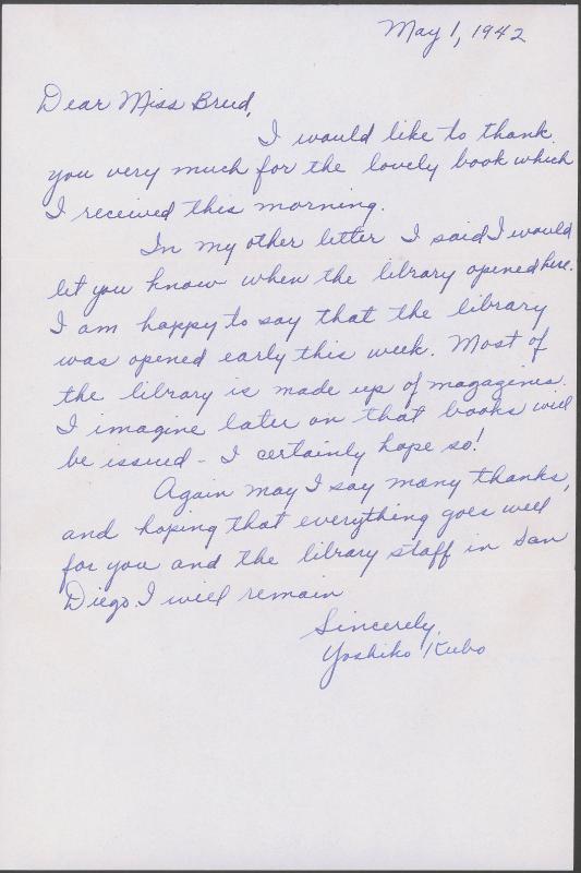 [Letter to Clara Breed from Yoshiko Kubo, Arcadia, California, May 1, 1942]