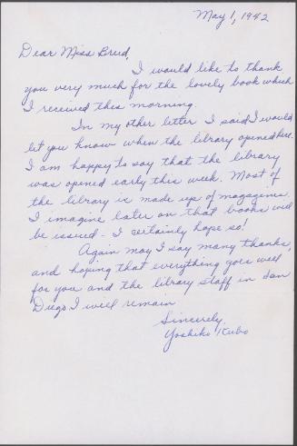 [Letter to Clara Breed from Yoshiko Kubo, Arcadia, California, May 1, 1942]