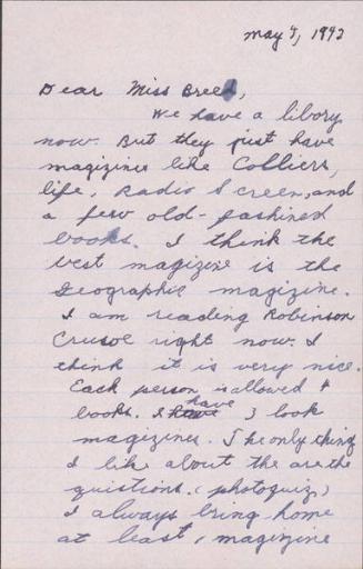 [Letter to Clara Breed from Katherine Tasaki, Arcadia, California, May 4, 1942]