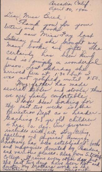 [Postcard to Clara Breed from Margaret Arakawa, Arcadia, California, April 30, 1942]