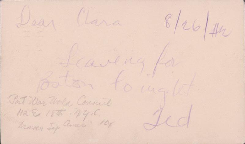 [Postcard to Clara Breed from Tetsuzo (Ted) Hirasaki, Arcadia, California, August 26, 1942]