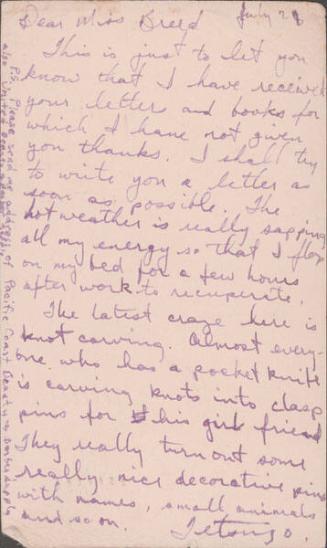 [Postcard to Clara Breed from Tetsuzo (Ted) Hirasaki, Arcadia, California, July 28, 1942]