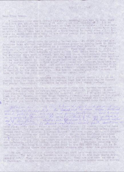 [Letter to Clara Breed from Tetsuzo (Ted) Hirasaki, Arcadia, California, April 22, 1942]