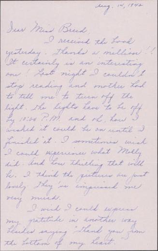 [Letter to Clara Breed from Louise Ogawa, Arcadia, California, August 14, 1942]