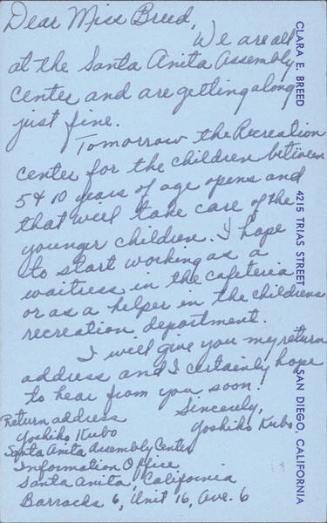 [Postcard to Clara Breed from Yoshiko Kubo, Arcadia, California, April 11, 1942]