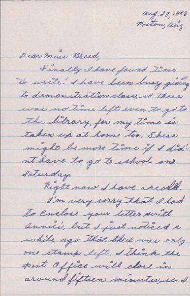 [Letter to Clara Breed from Katherine Tasaki, Poston, Arizona, August 28, 1943]