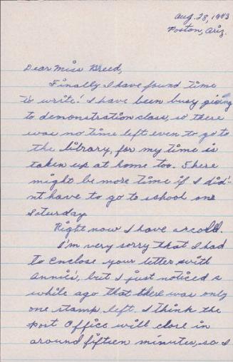 [Letter to Clara Breed from Katherine Tasaki, Poston, Arizona, August 28, 1943]