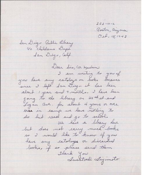 [Letter to San Diego Public Library from Fusatoshi Fujimoto, Poston, Arizona, October 15, 1943]
